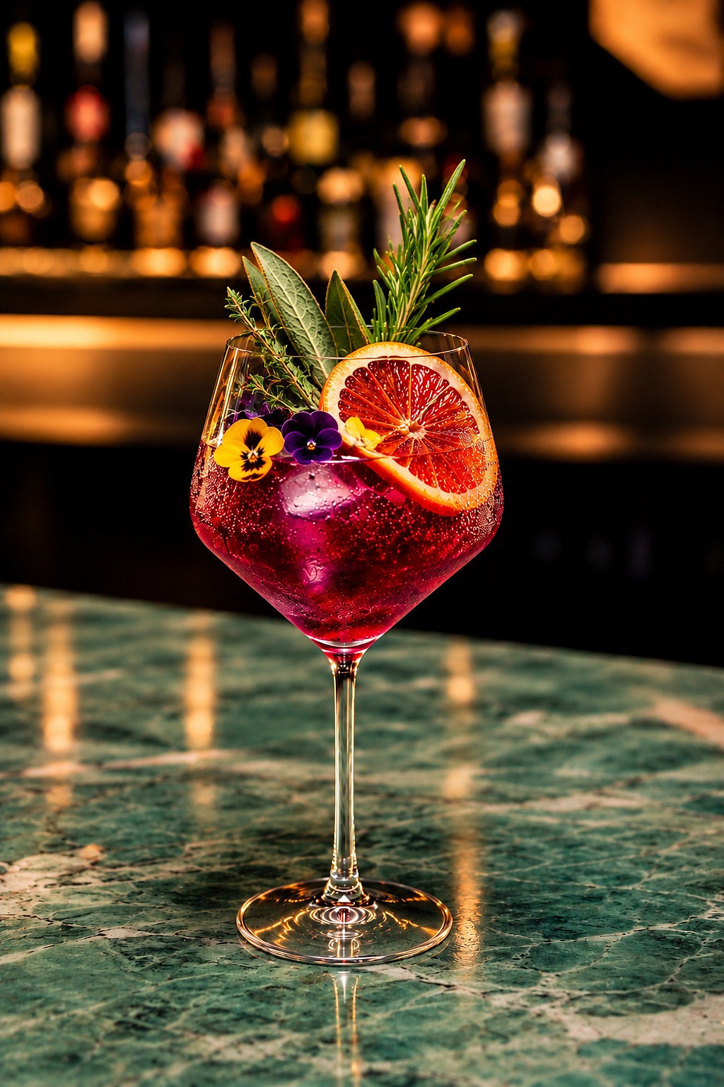 Crafted magenta cocktail in a balloon glass with blood orange, herbs, and flowers on green marble
