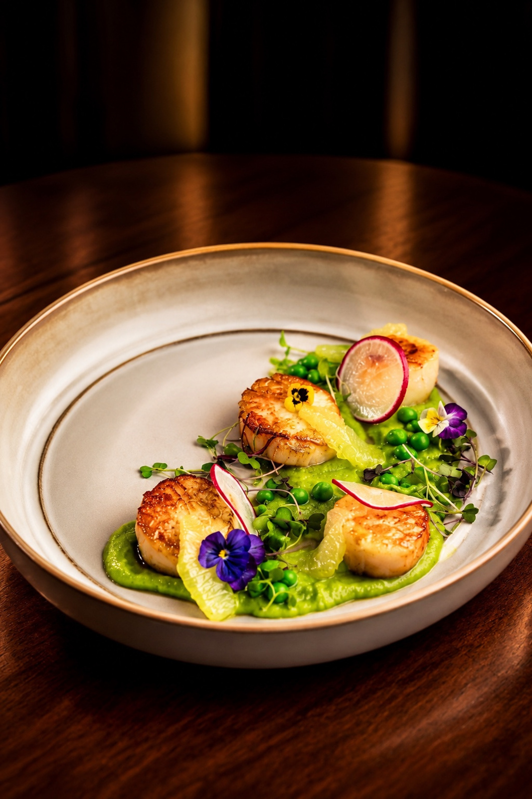Seared scallops with peas, citrus, and edible flowers