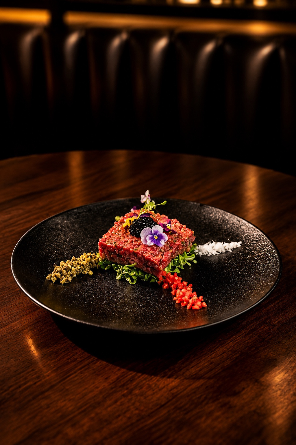 Steak tartare on a black plate with truffle caviar, capers, and edible flowers