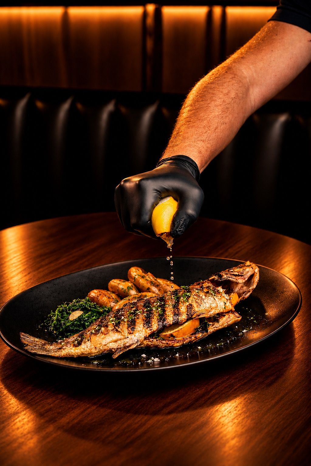 Grilled whole fish with lemon being squeezed over the skin at the table