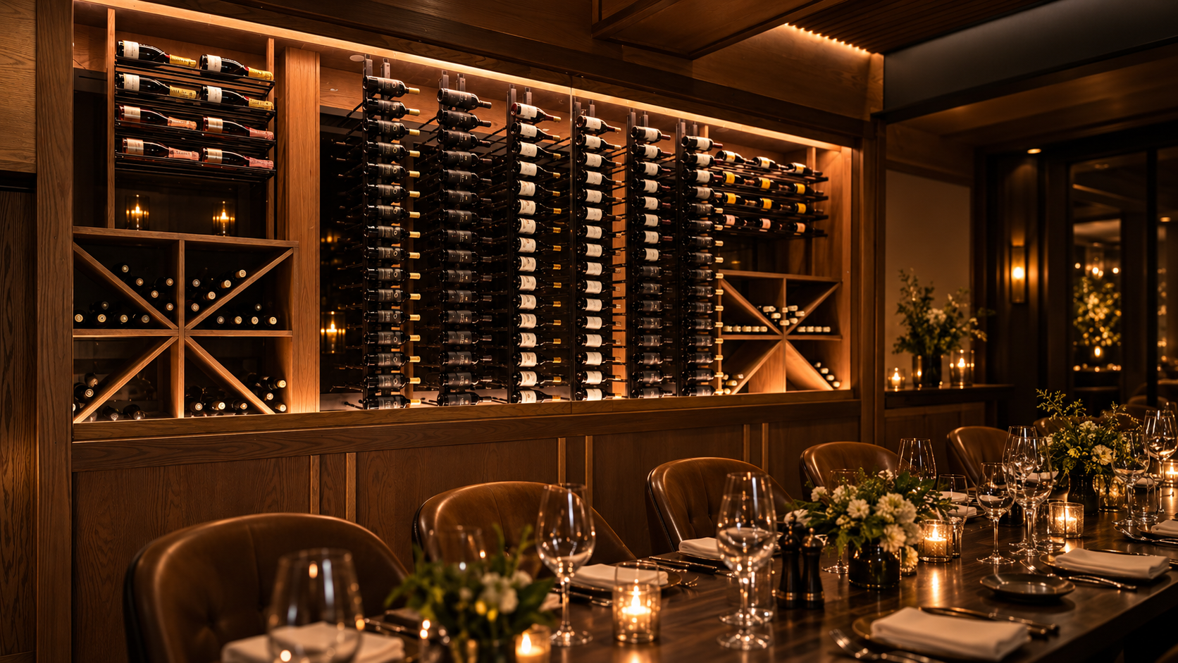 Candlelit private dining table set beneath a floor-to-ceiling wine wall at The Social